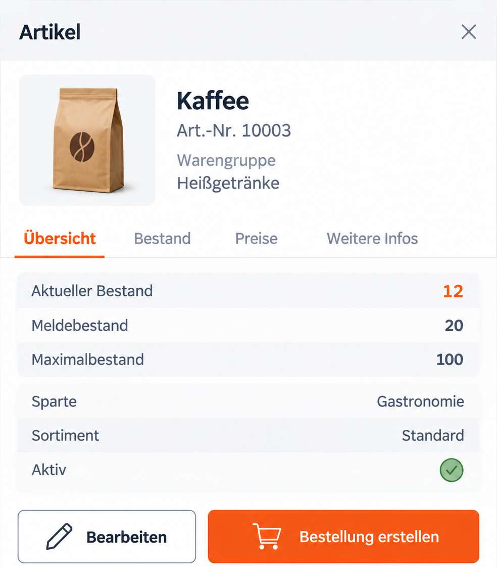 Artikeldetails mit aktuellem Bestand, Meldebestand und Maximalbestand